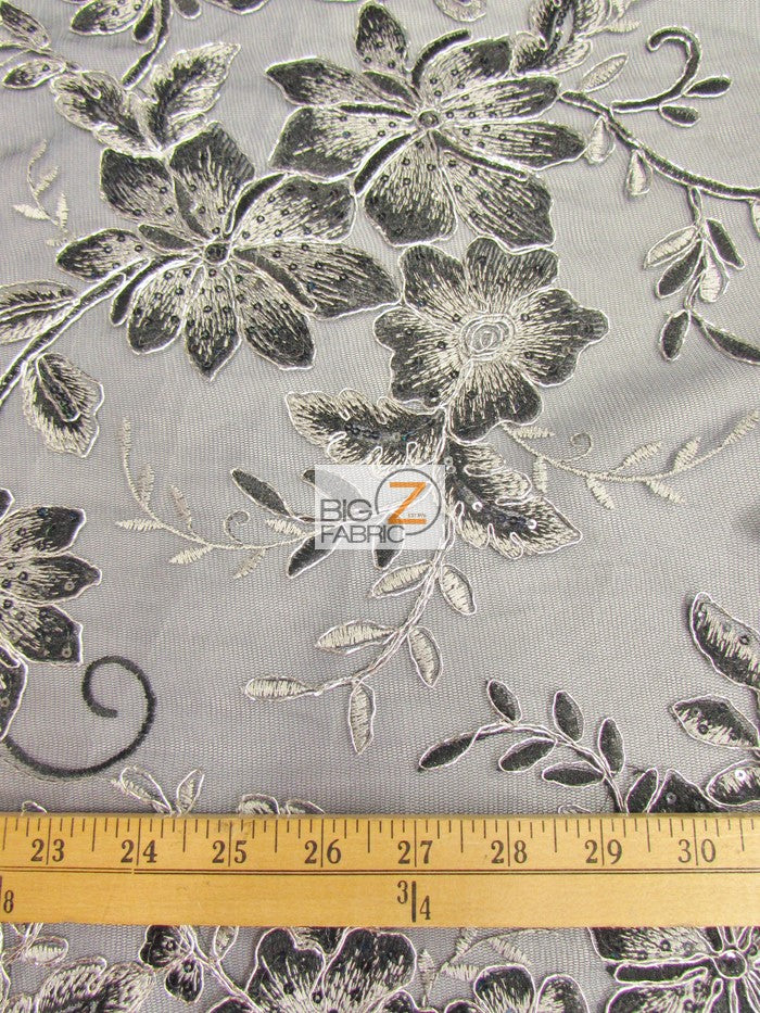 2 Tone Metallic Carnation Floral Sequins Fabric / Mint/White / Sold By The Yard - Image 2