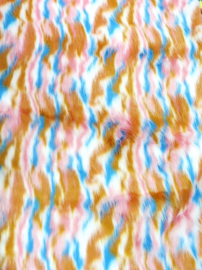 Chestnut, Pink, Turquoise Sunset Multi-Color Faux Fur Fabric /  Sold by the Yard - Image 2