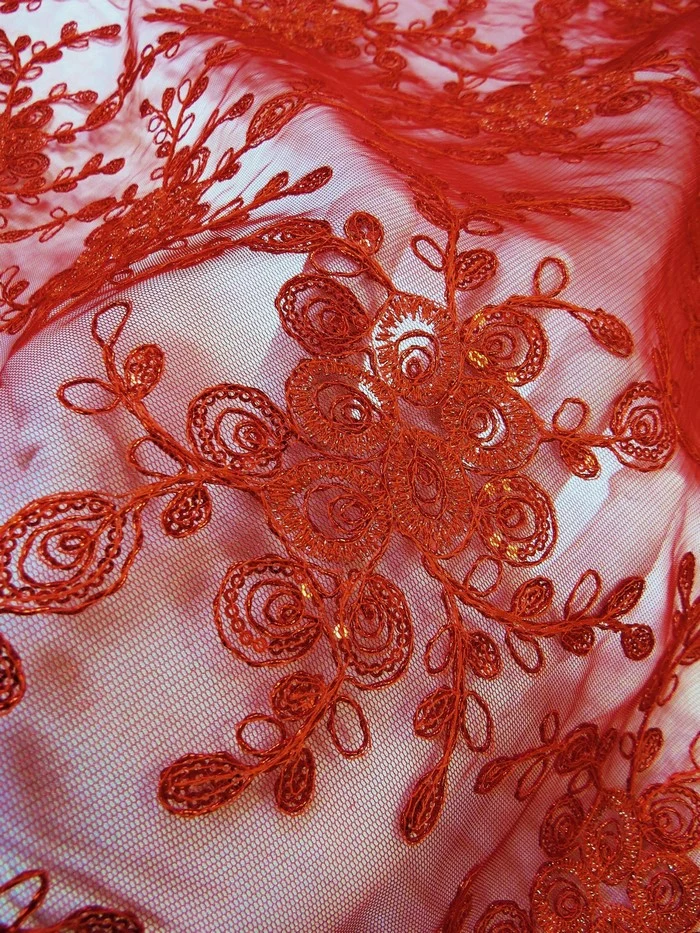 Bouquet 3D Floral Sequins Mesh Fabric - Red - Image 2