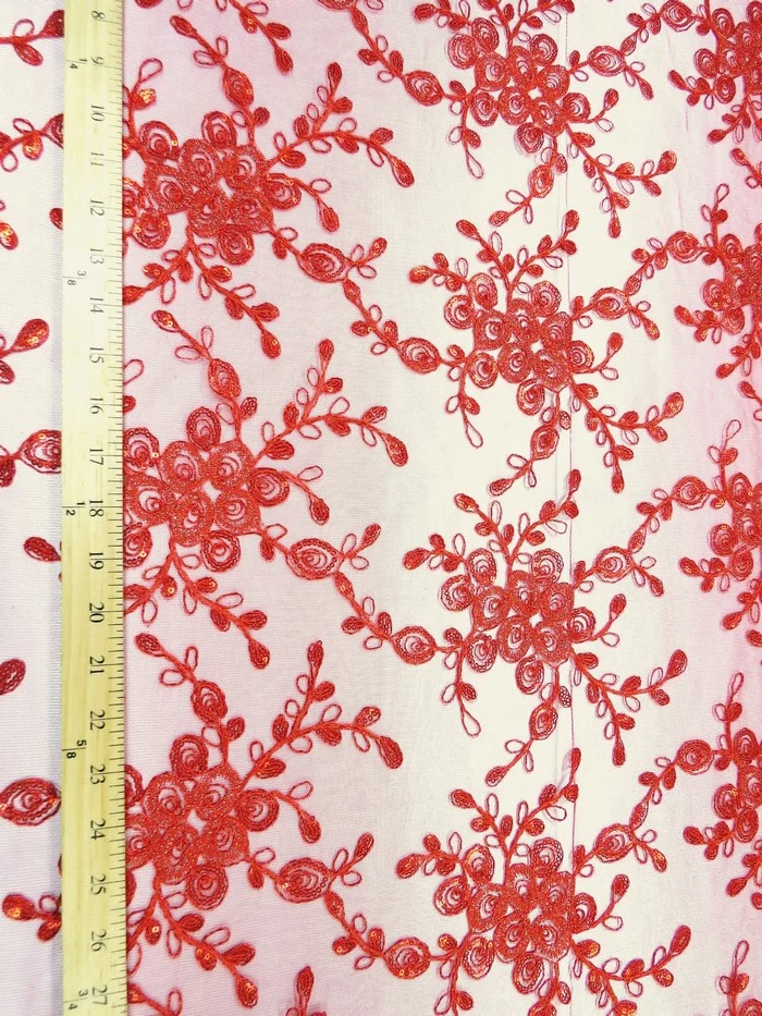 Bouquet 3D Floral Sequins Mesh Fabric - Red - Image 5