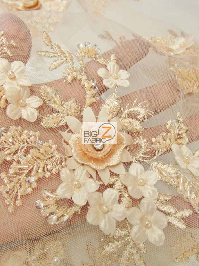 French Floral 3D Beaded Sequins Fabric / Peach / Sold By The Yard - Image 3