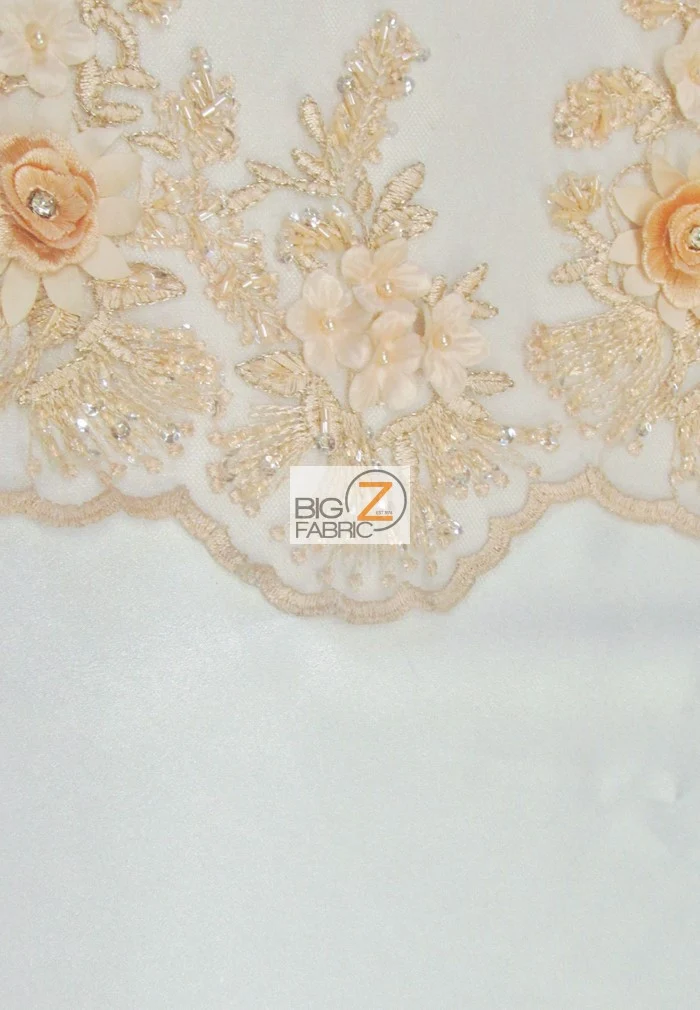 French Floral 3D Beaded Sequins Fabric / Peach / Sold By The Yard - Image 4