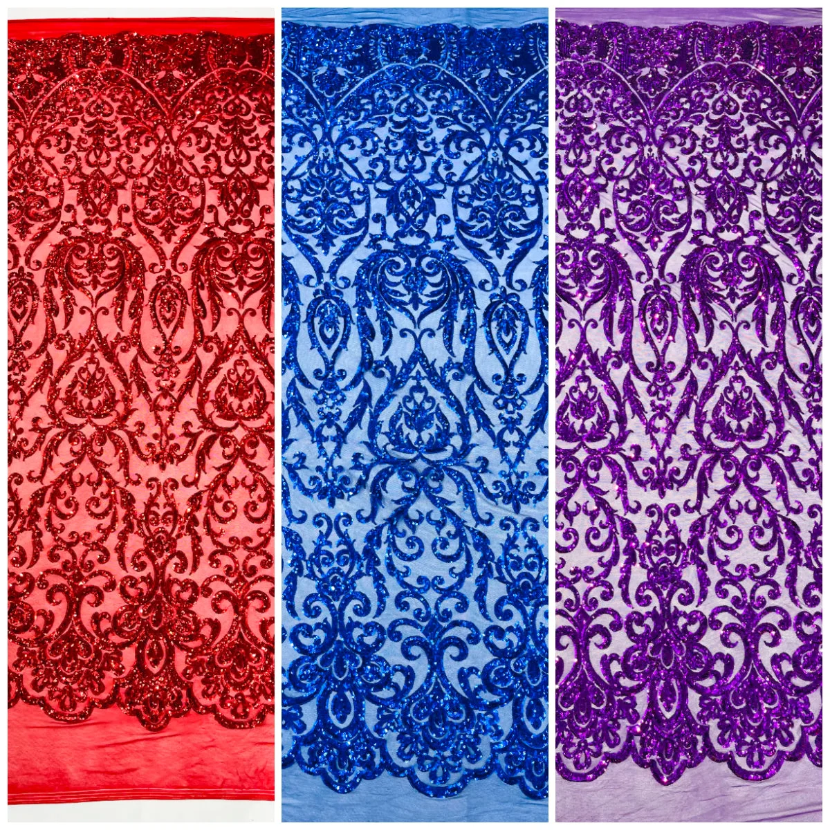 King Damask Sequin on Stretch Mesh Fabric / Sold by the Yard