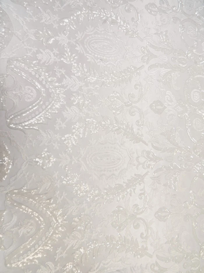 Luxury Damask Sequins Mesh Fabric - White
