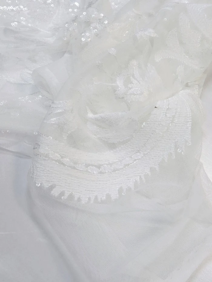 Luxury Damask Sequins Mesh Fabric - White - Image 5