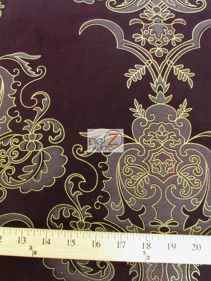 Royal Damask Flocking Velvet Upholstery Fabric / Purple/Gold / Sold By The Yard - Image 2