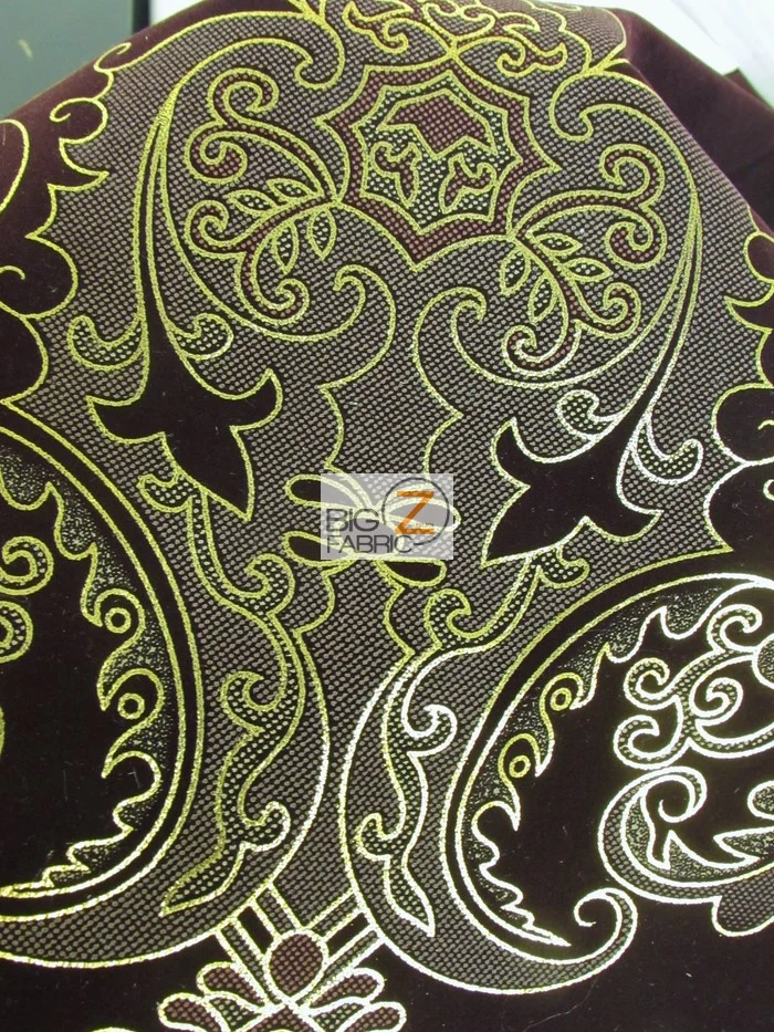 Royal Damask Flocking Velvet Upholstery Fabric / Purple/Gold / Sold By The Yard - Image 3